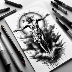 jesus-mystic-tattoo – tattoo design ideas free ai generated – realistic-wrinkles – for-thigh – Gallery: jesus-inkby-ai