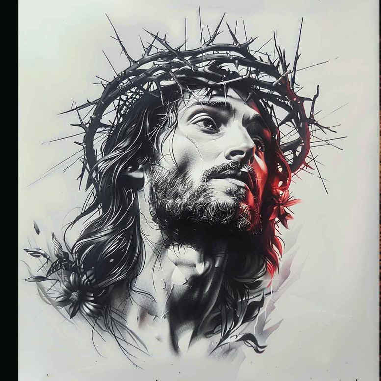 jesus-path-tattoo – tattoo design ideas free ai generated – natural-contrast – for-shin – Gallery: jesus-inkby-ai