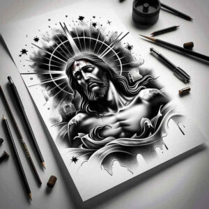 jesus-power-tattoo – tattoo design ideas free ai generated – mirrored-effect – for-side – Gallery: jesus-inkby-ai