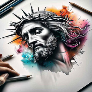 jesus-prayer-tattoo – tattoo design ideas free ai generated – skin-texture – for-upper-back – Gallery: jesus-inkby-ai