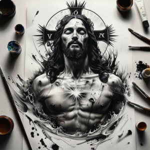 jesus-redemption-tattoo – tattoo design ideas free ai generated – soft-contrast – for-upper-thigh – Gallery: jesus-inkby-ai