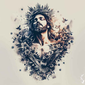 jesus-religious-tattoo – tattoo design ideas free ai generated – sharp-focus – for-lower-leg – Gallery: jesus-inkby-ai