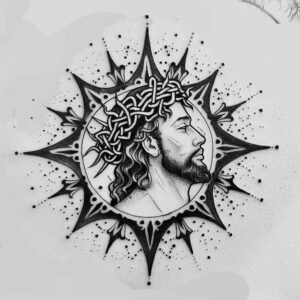 jesus-sacred-art-tattoo – tattoo design ideas free ai generated – emotional-realism – for-full-back – Gallery: jesus-inkby-ai