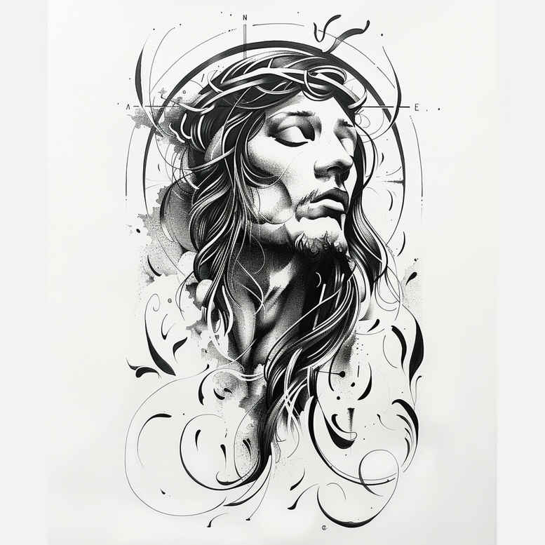 jesus-sacred-art-tattoo – tattoo design ideas free ai generated – organic-structure – for-upper-shoulder – Gallery: jesus-inkby-ai