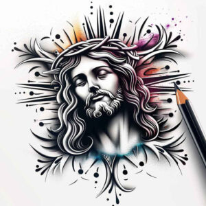 jesus-sacred-tattoo – tattoo design ideas free ai generated – depth-realism – for-upper-thigh – Gallery: jesus-inkby-ai