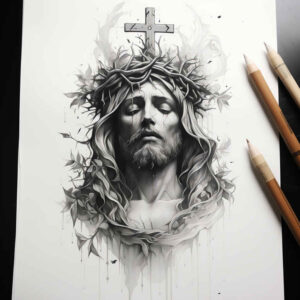 jesus-sacred-tattoo – tattoo design ideas free ai generated – tonal-depth – for-sternum – Gallery: jesus-inkby-ai