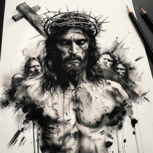 jesus-spirit-tattoo – tattoo design ideas free ai generated – detail-accuracy – for-lower-leg – Gallery: jesus-inkby-ai