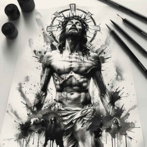 jesus-spirit-tattoo – tattoo design ideas free ai generated – illusion-of-depth – for-calf – Gallery: jesus-inkby-ai