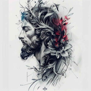 jesus-spirit-tattoo – tattoo design ideas free ai generated – smooth-blackwork – for-lower-thigh – Gallery: jesus-inkby-ai