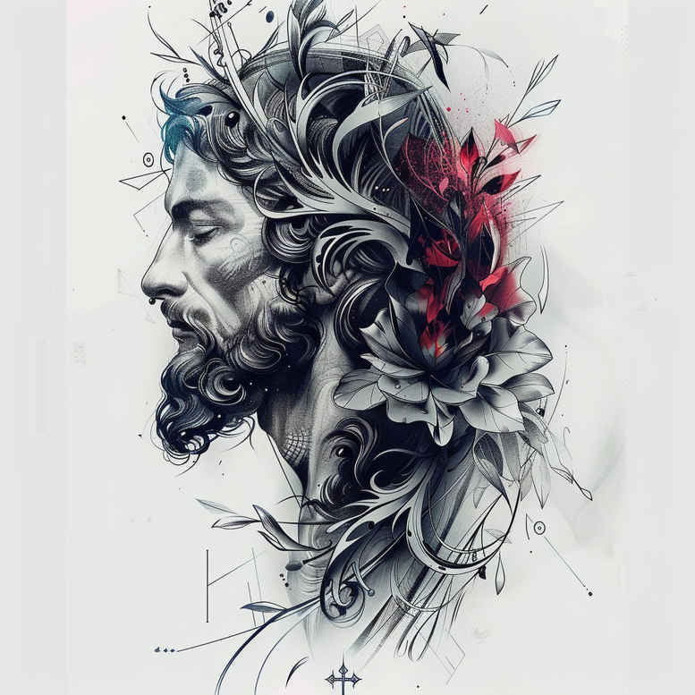jesus-spirit-tattoo – tattoo design ideas free ai generated – smooth-blackwork – for-lower-thigh – Gallery: jesus-inkby-ai