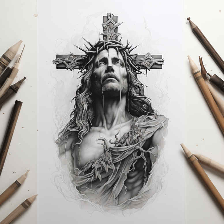 jesus-spiritual-strength-tattoo – tattoo design ideas free ai generated – emotional-depth – for-temple – Gallery: jesus-inkby-ai