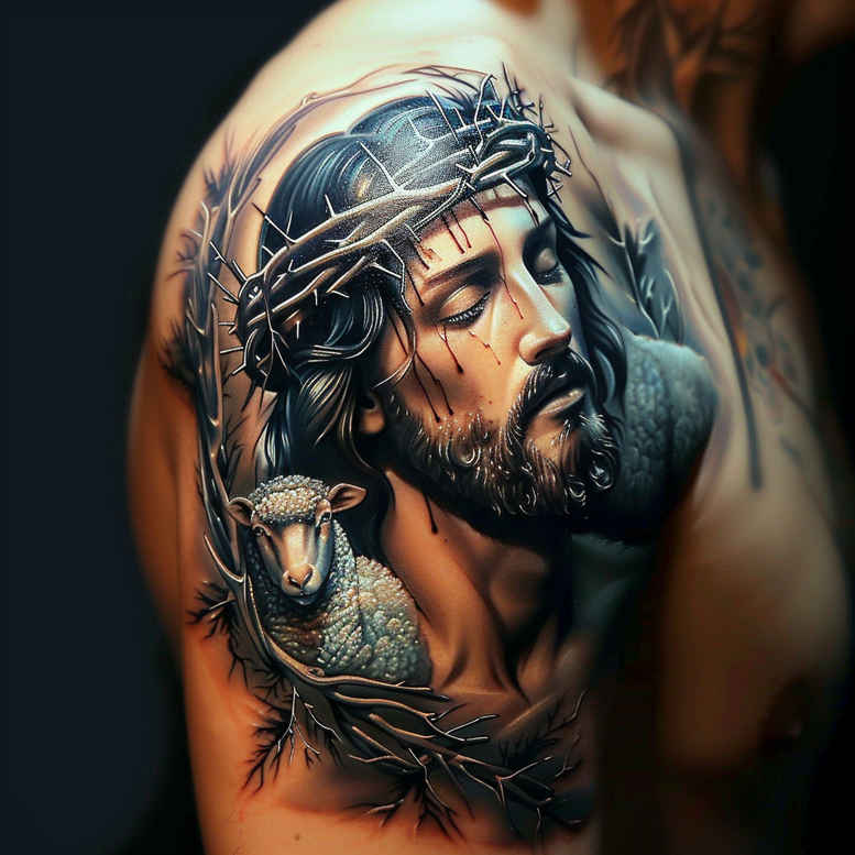 jesus-spiritual-strength-tattoo – tattoo design ideas free ai generated – rich-blacks – for-knee – Gallery: jesus-inkby-ai