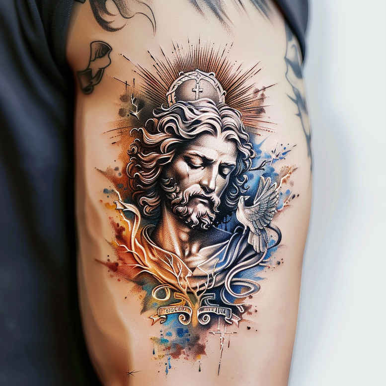 jesus-symbolic-tattoo – tattoo design ideas free ai generated – hyper-realistic – for-lower-leg – Gallery: jesus-inkby-ai