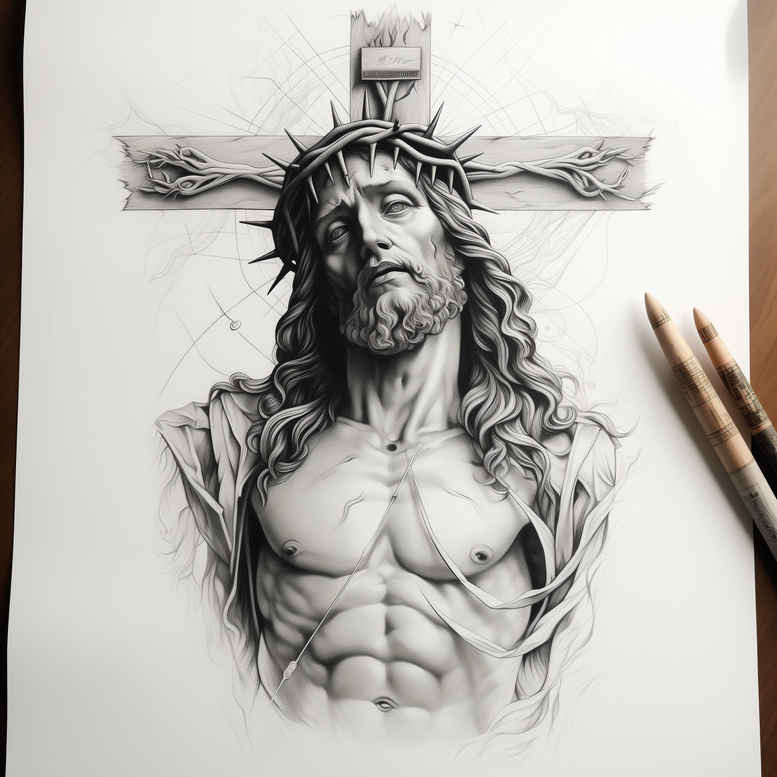 jesus-with-crown-of-thorns – tattoo design ideas free ai generated – glowing-edges – for-lower-back – Gallery: jesus-inkby-ai