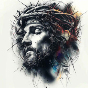 jesus-with-halo – tattoo design ideas free ai generated – precise-anatomy – for-sternum – Gallery: jesus-inkby-ai