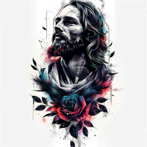 jesus-with-halo – tattoo design ideas free ai generated – soft-focus – for-thigh – Gallery: jesus-inkby-ai