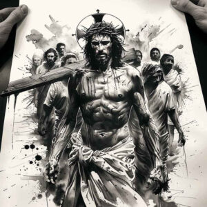 jesus-with-symbols – tattoo design ideas free ai generated – optical-illusion – for-lower-leg – Gallery: jesus-inkby-ai