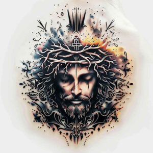 jesus-with-symbols – tattoo design ideas free ai generated – tonal-depth – for-palm – Gallery: jesus-inkby-ai