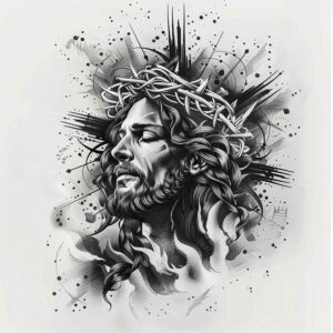 praying-jesus – tattoo design ideas free ai generated – contrast-play – for-thigh – Gallery: jesus-inkby-ai
