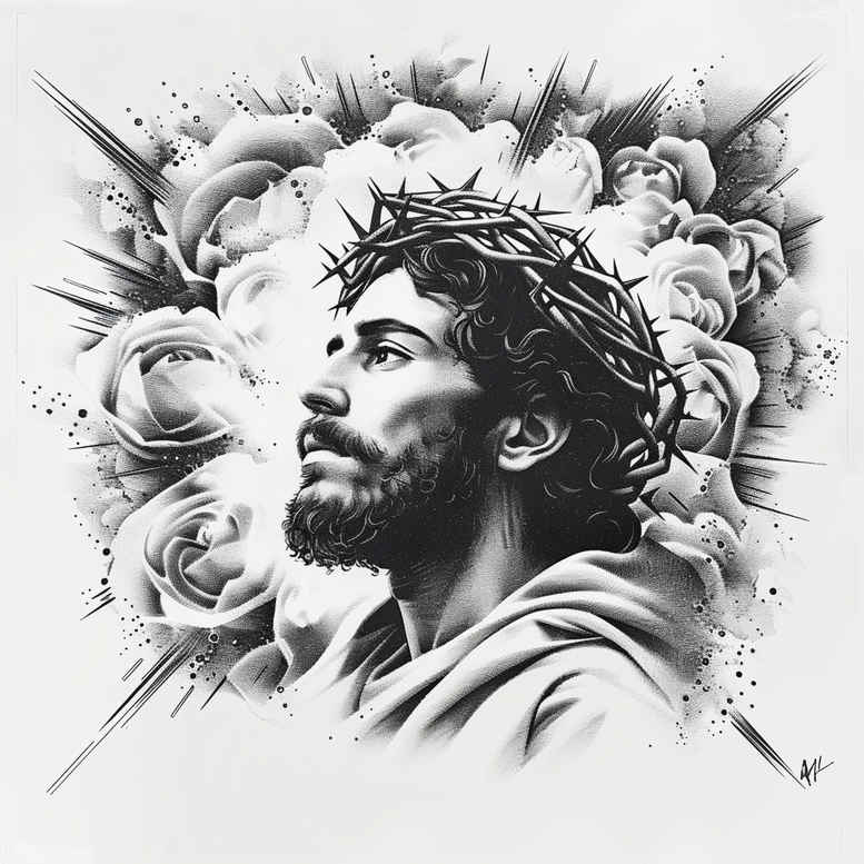 praying-jesus-tattoo – tattoo design ideas free ai generated – dynamic-shadows – for-upper-chest – Gallery: jesus-inkby-ai