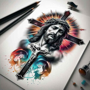 praying-jesus-tattoo – tattoo design ideas free ai generated – soft-highlights – for-foot – Gallery: jesus-inkby-ai