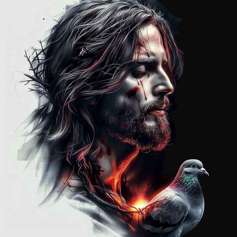 Man with long hair and beard, dove, and flames in black and grey tones; AI-generated tattoo project; ideal for a cover-up.