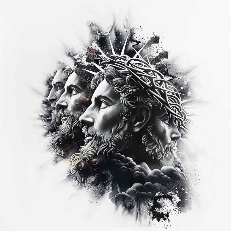 Faces of Jesus with crown of thorns emerging from clouds; black and grey; AI-generated tattoo idea; project for cover-up.