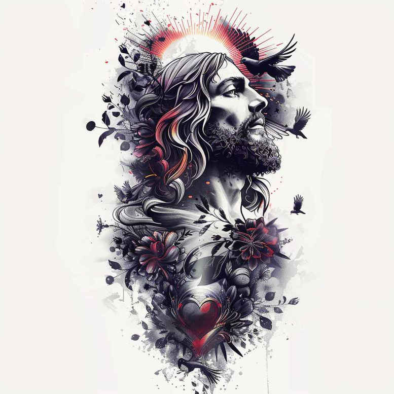 Jesus portrait, floral halo, flowers, leaves, birds; black and grey; project idea; cover-up suitable.