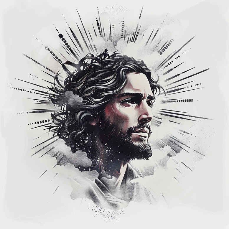 Jesus Christ head portrait in black and grey with face, hair, beard, halo, and radiant rays; AI-generated tattoo project idea.