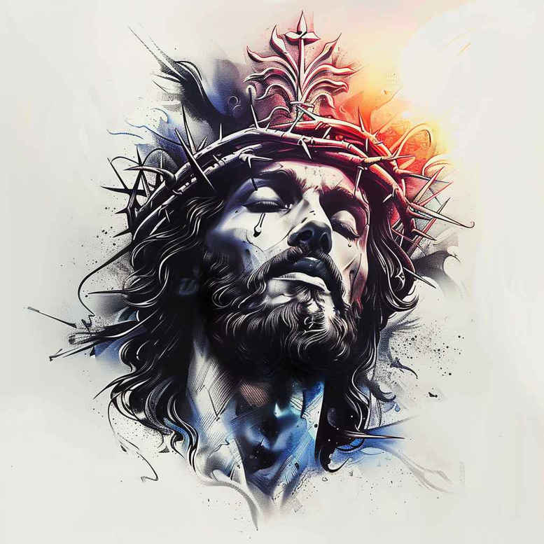Jesus, crown of thorns, face, hair, shadow; black and grey with blue and orange accents; AI-generated tattoo project; cover-up ready.