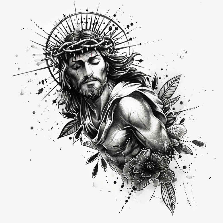 Jesus portrait with halo, crown of thorns, and floral accents in black and grey; project cover-up idea with pattern.