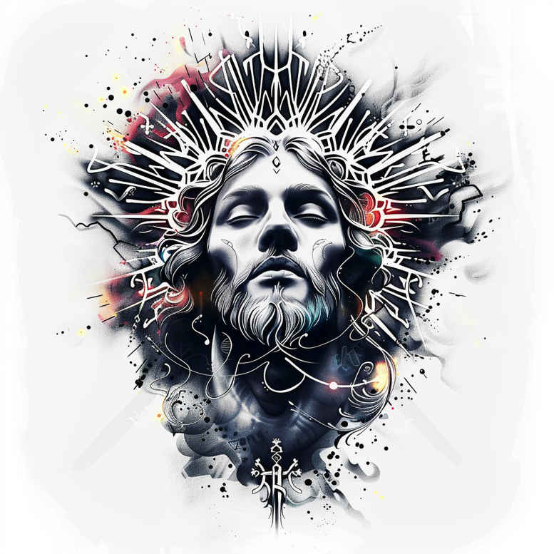 Face, crown of thorns, halo, rays, and blood in black and grey with red accents; project idea; suitable for cover-up.