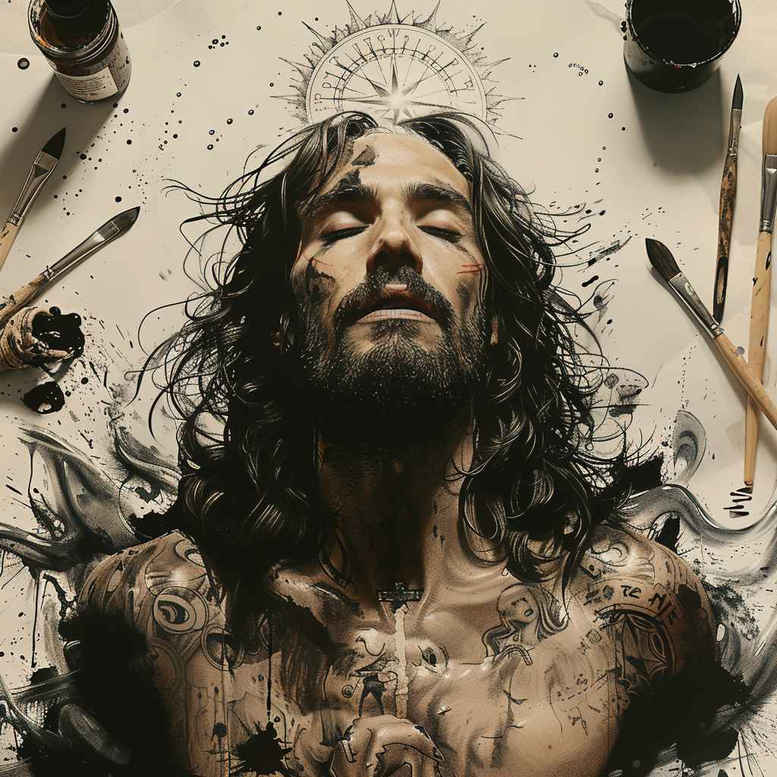 Jesus portrait with crown of thorns and chest tattoos, brushes and ink bottles in a dark black and grey studio setup; AI-generated tattoo project for cover-up.