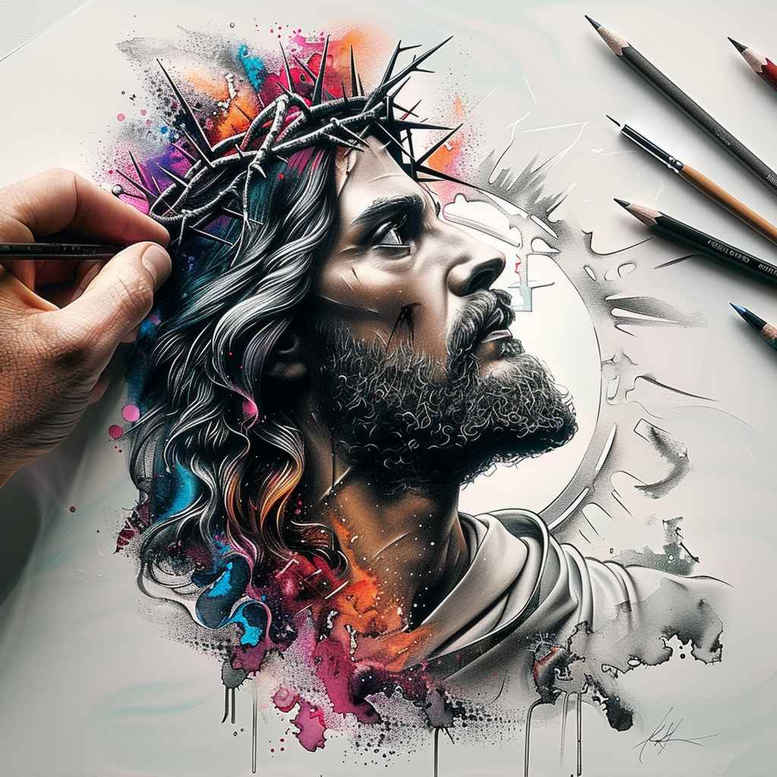 Jesus portrait with crown of thorns in vibrant watercolor, black and grey shading; project idea; not ideal for cover-up; brushes and hand visible.