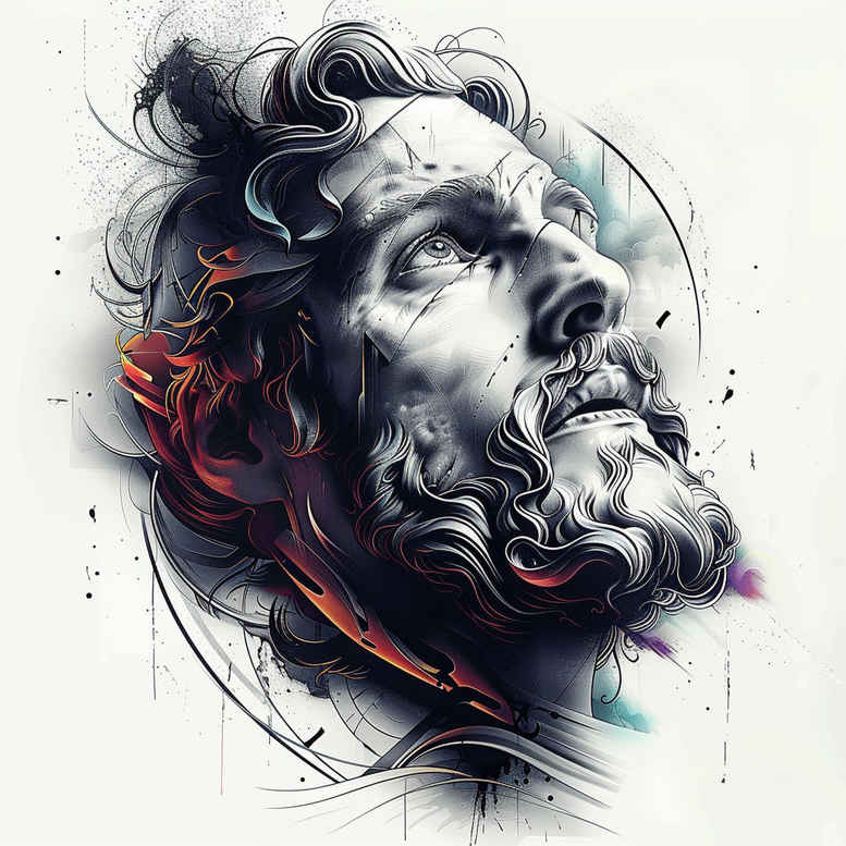 Jesus portrait in black and grey ink with flowing hair and beard, halo behind head, dynamic linework; project idea; suitable for cover-up.