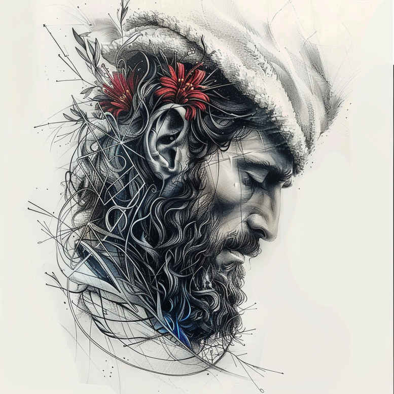 Portrait of Jesus in black and grey with a cloth head wrap and red flowers, AI-generated tattoo project; ideal for cover-up and detailed linework.