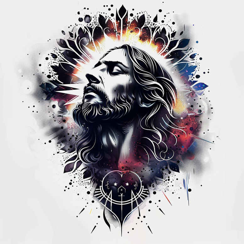 Portrait of Jesus with crown of thorns in black and grey, watercolor splashes and geometric pattern; AI-generated tattoo project; suitable for cover-up.
