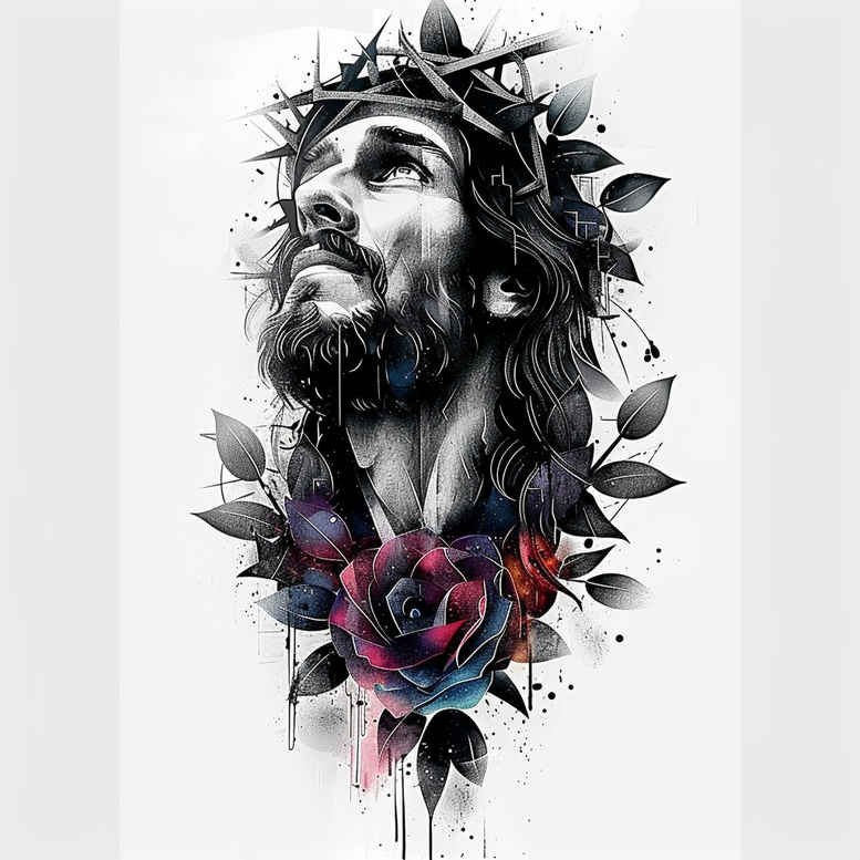 Face of Jesus with crown of thorns, rose, and leaves in black and grey; project idea for cover-up.