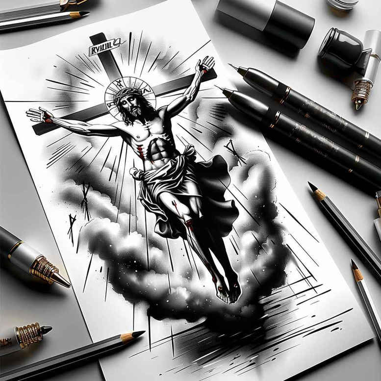 Black and grey AI-generated tattoo concept of Jesus on the cross with dramatic shading and sunburst halo; clear cover-up potential, visible robe and rays.