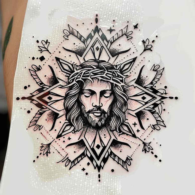 Jesus, face, crown, hair, beard, mandala in black and grey; tattoo design concept for cover-up.