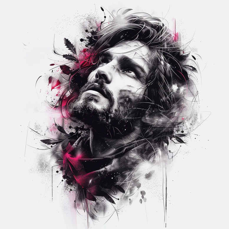Portrait of Jesus in black and grey watercolor style with pink splashes; visible elements: face, hair, beard, splash; project idea; cover-up suitable.