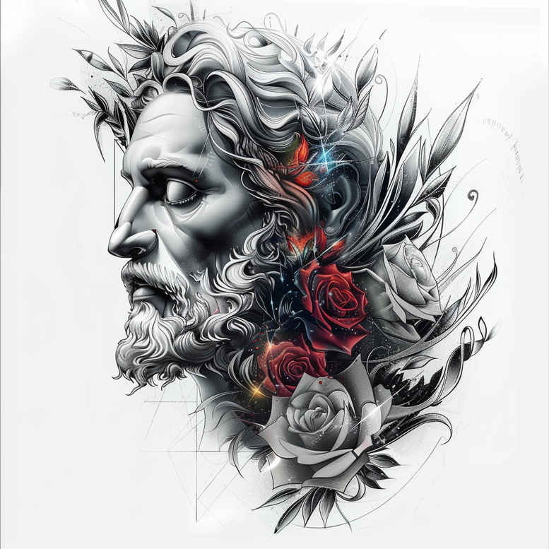 Profile of Jesus-inspired face in black and grey with roses and leaves forming a floral halo; AI-generated tattoo project, suitable for cover-up.
