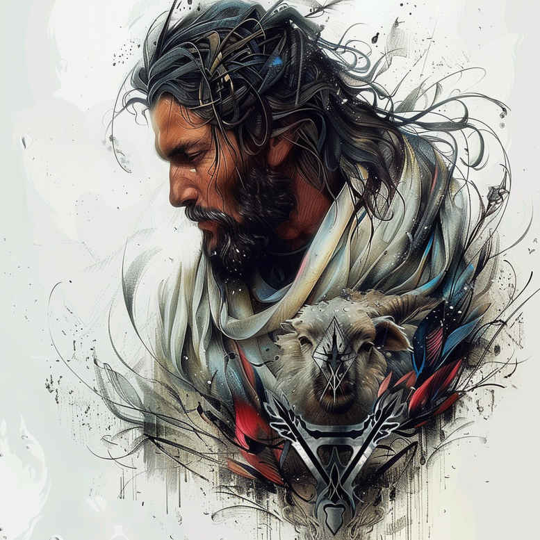 Colorful watercolor portrait of a bearded shepherd with a lamb, rendered in soft brush strokes; a vivid tattoo idea.