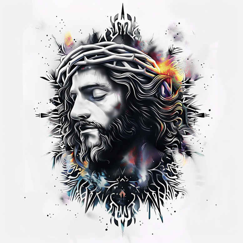 Portrait of Jesus with a crown of thorns in black and grey ink with subtle color accents; tattoo design idea, suitable for standard placement, not ideal for cover-up.