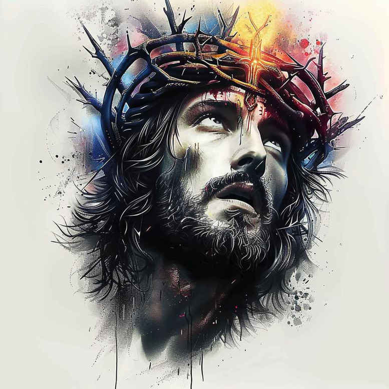 Jesus portrait with crown of thorns in black and grey, accented by blue, red, and yellow watercolor splashes; AI-generated tattoo project, ideal for cover-up.