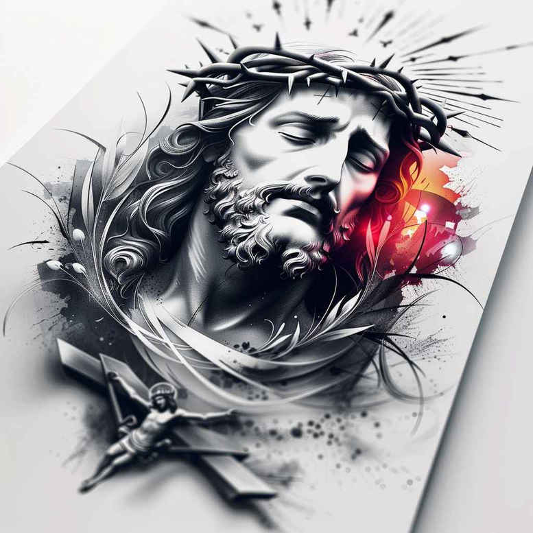 Jesus, crown of thorns, robe, cross; black and grey; cover-up-ready tattoo project.
