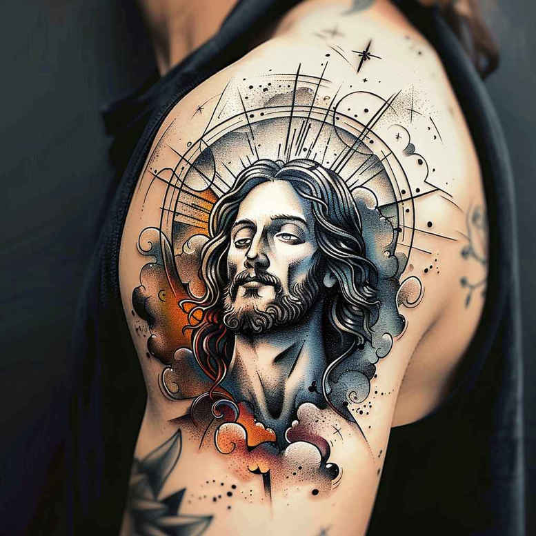 Realistic black and grey Jesus portrait on the upper arm with sacred geometry halo, circles, lines, and clouds; project idea; cover-up: no.