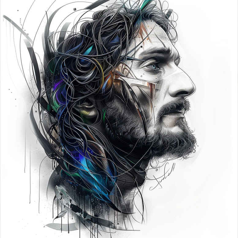 Profile view of Jesus with face, hair, and beard in dark shading, abstract linework, and blue accents; black and grey ink; AI-generated tattoo project; cover-up suitable.
