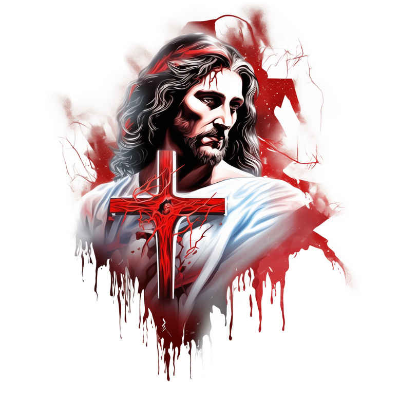Jesus figure with cross and red paint-splash, grayscale shading on robe and hair; project idea; not for cover-up.