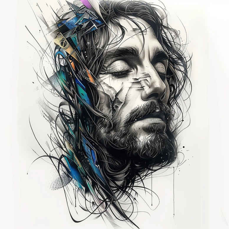 Jesus portrait with beard and hair, blue feather accents and leaves, in black and grey; project idea.